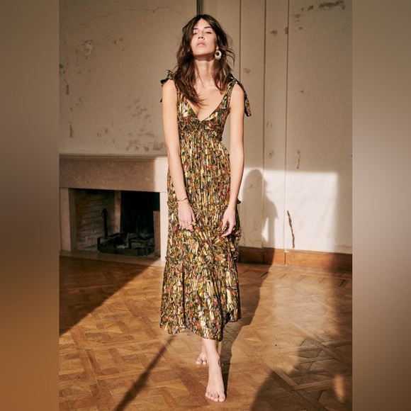 Sezane Dresses & Skirts - ⚜️Sézane elegant maxi length tie strap gown metallic gold size 38
